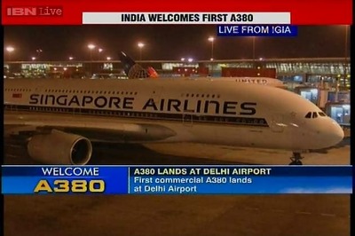 Snapshot:  First commercial super jumbo A380 flight lands at Delhi's IGI Airport
