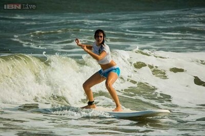Snapshot: Hazel Keech goes for surfing in Puducherry