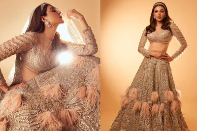 Kajal Aggarwal Exudes Enchanting Charm in a Beige Lehenga by Falguni Shane Peacock