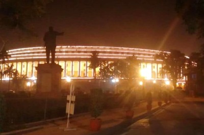 Indian Parliament lit up on the eve of the Constitution Day